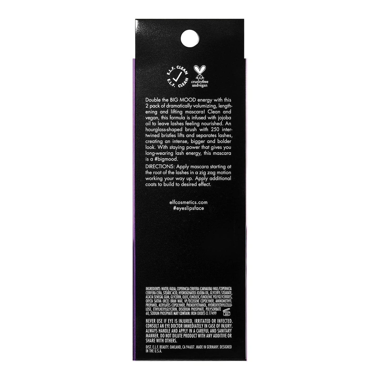 2 e.l.f. Big Mood Mega Volume & Lifting Mascara Black 0.36oz Hourglass Brush