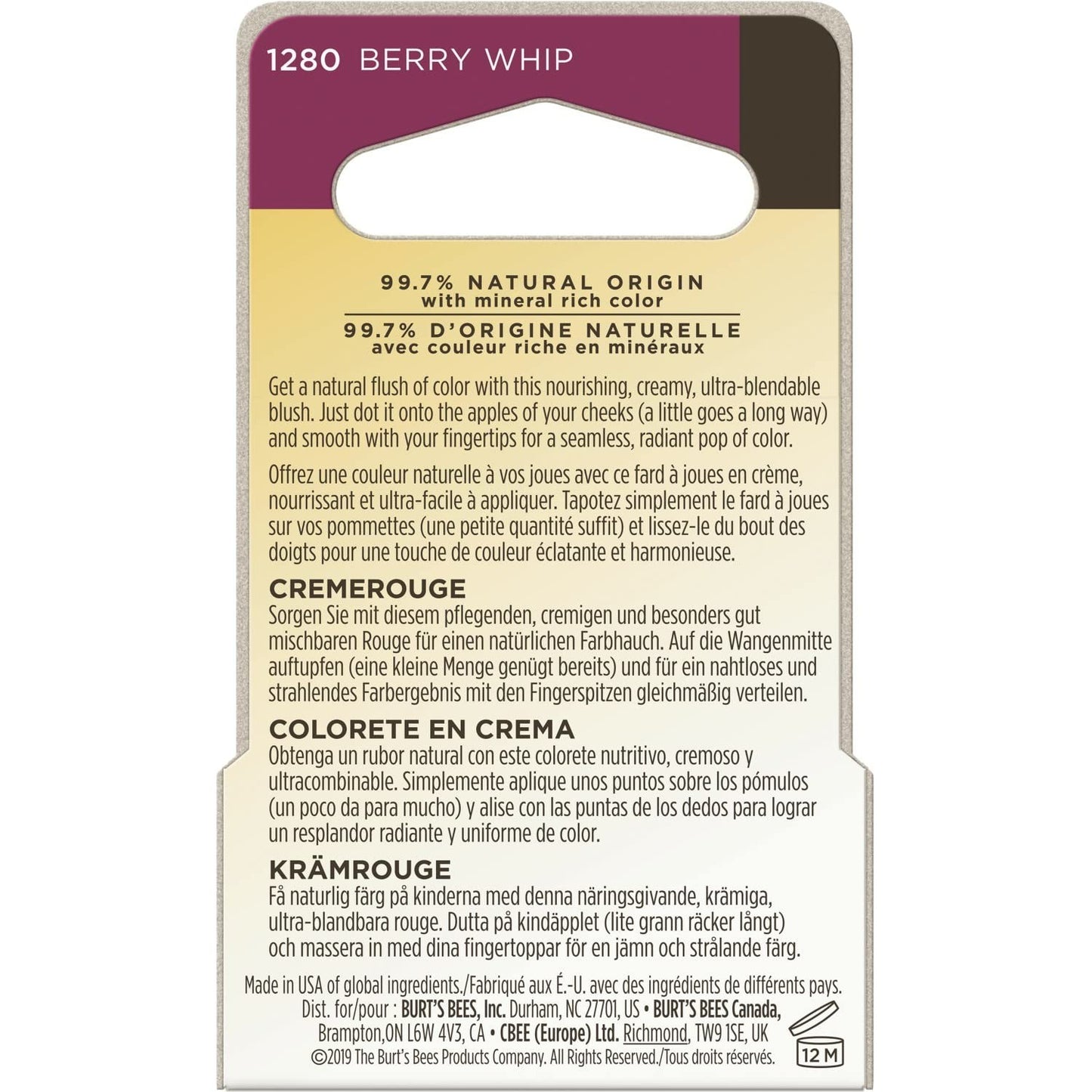 Burts Bees Color Nurture Cream Blush # 1280 Berry Whip .25 oz NEW