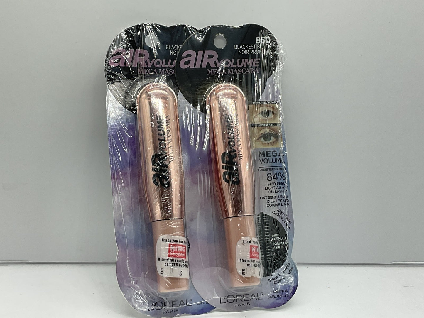 2 PACK - Loreal Air Volume Mega Mascara 0.3 fl oz - 850 Blackest Black