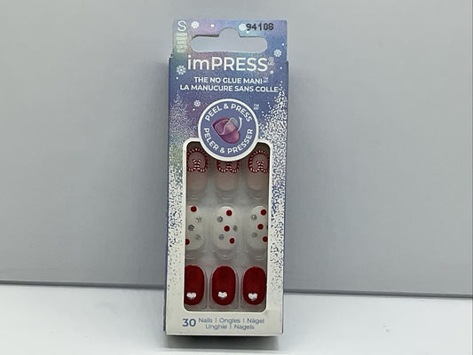 KISS Impress Press-On Nails Designs Holiday Midwinter Red - Short Oval 30 Count