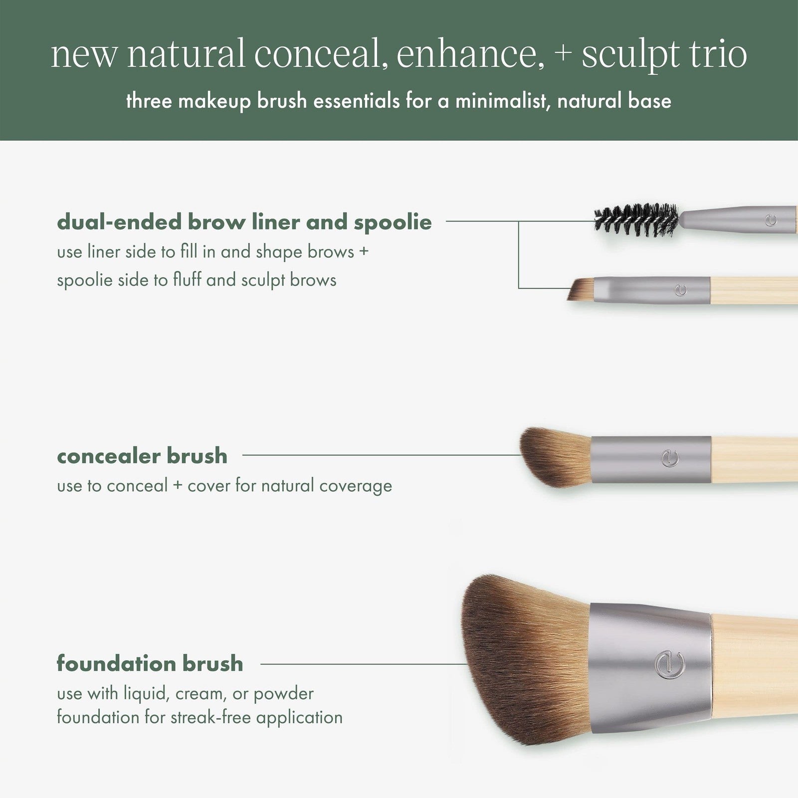 Ecotools #0033- 3 Pieces, Concealer, Fundation, Brow. Makeup Brush Gift Set.
