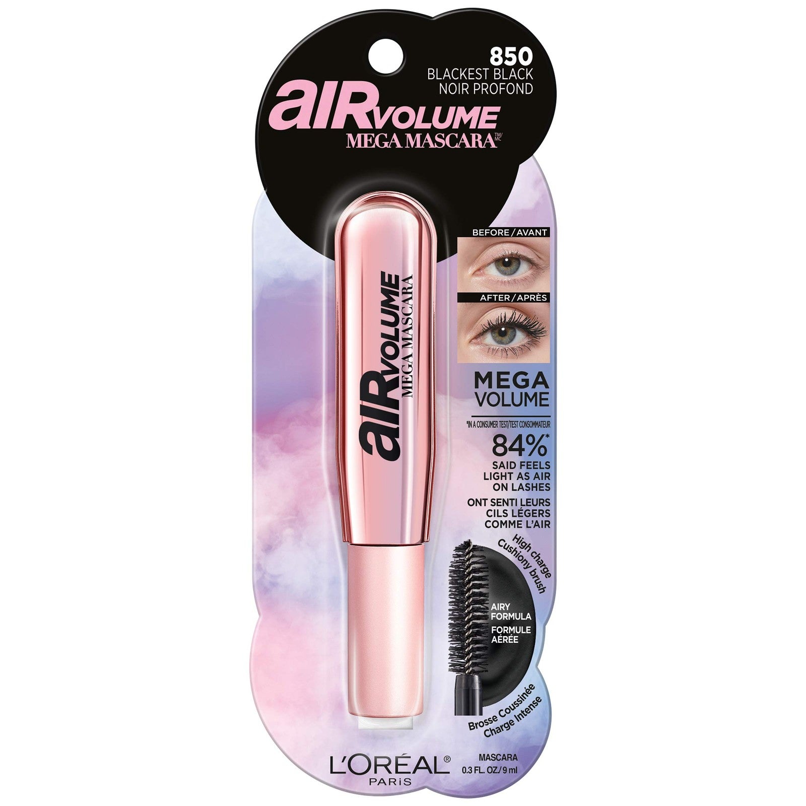 2 PACK - Loreal Air Volume Mega Mascara 0.3 fl oz - 850 Blackest Black