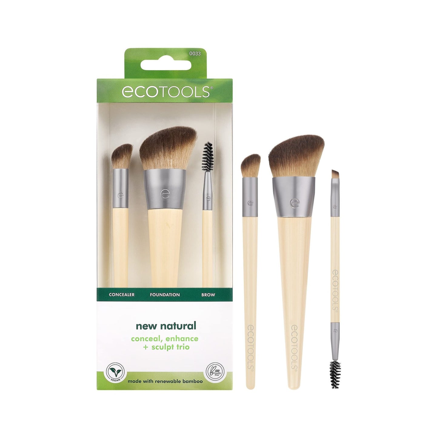 Ecotools #0033- 3 Pieces, Concealer, Fundation, Brow. Makeup Brush Gift Set.