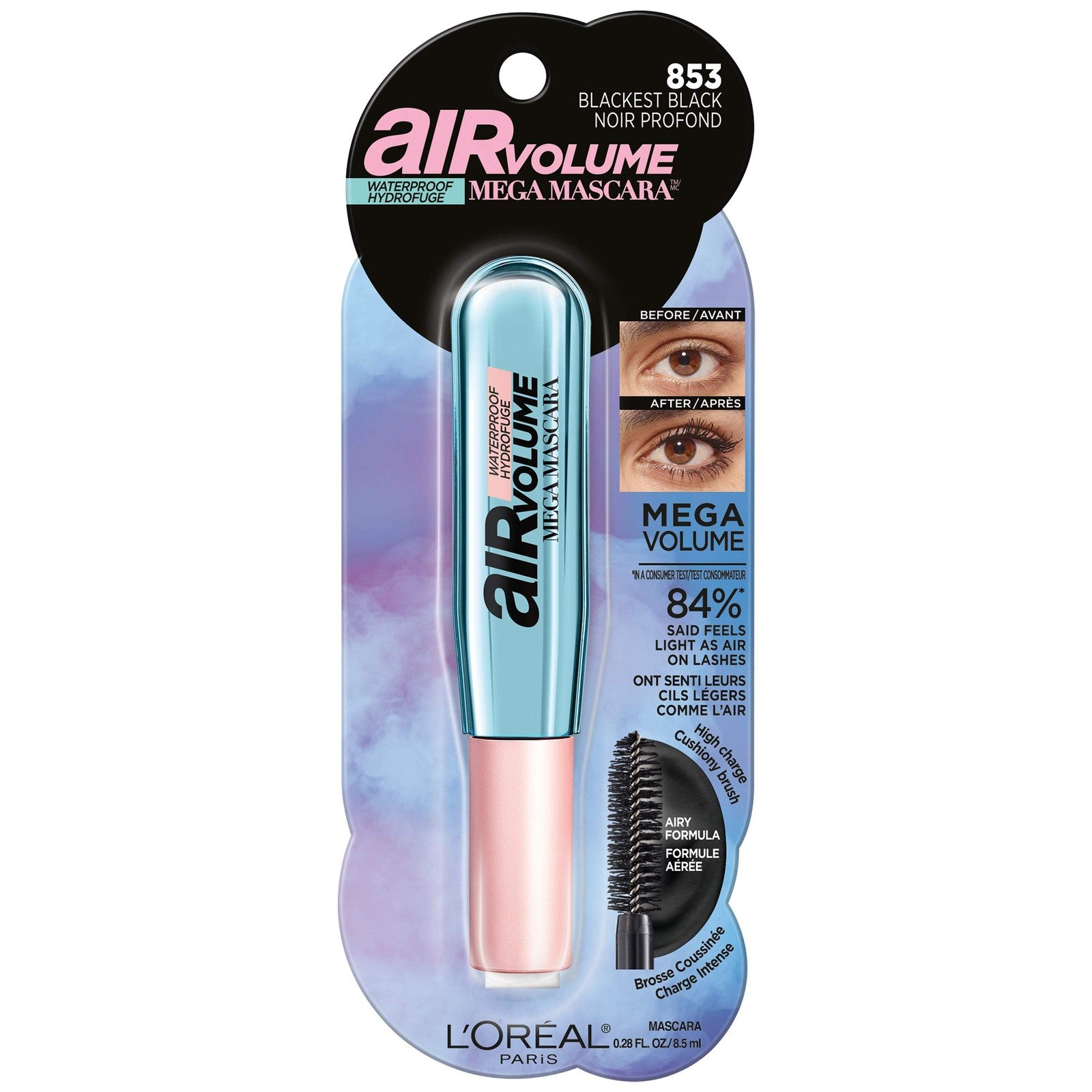 2 PACK - Loreal Air Volume Mega Mascara Sealed Waterproof - 853 Blackest Black