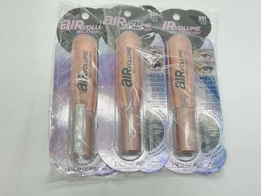 3 PACK - Loreal Air Volume Mega Mascara 0.3 fl oz Each Sealed, 851 - Black