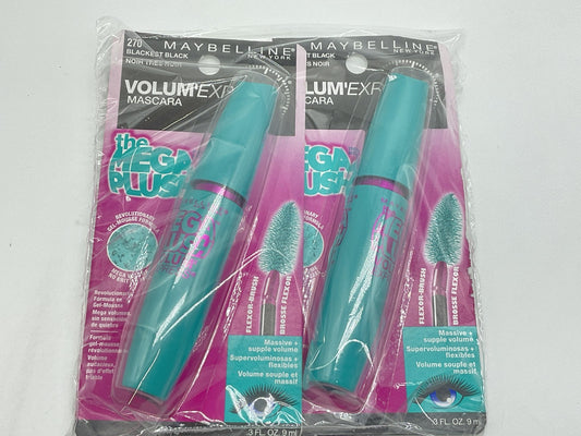 2 PACK - Maybelline Volum' Express The Mega Plush Mascara, Blackest Black 270