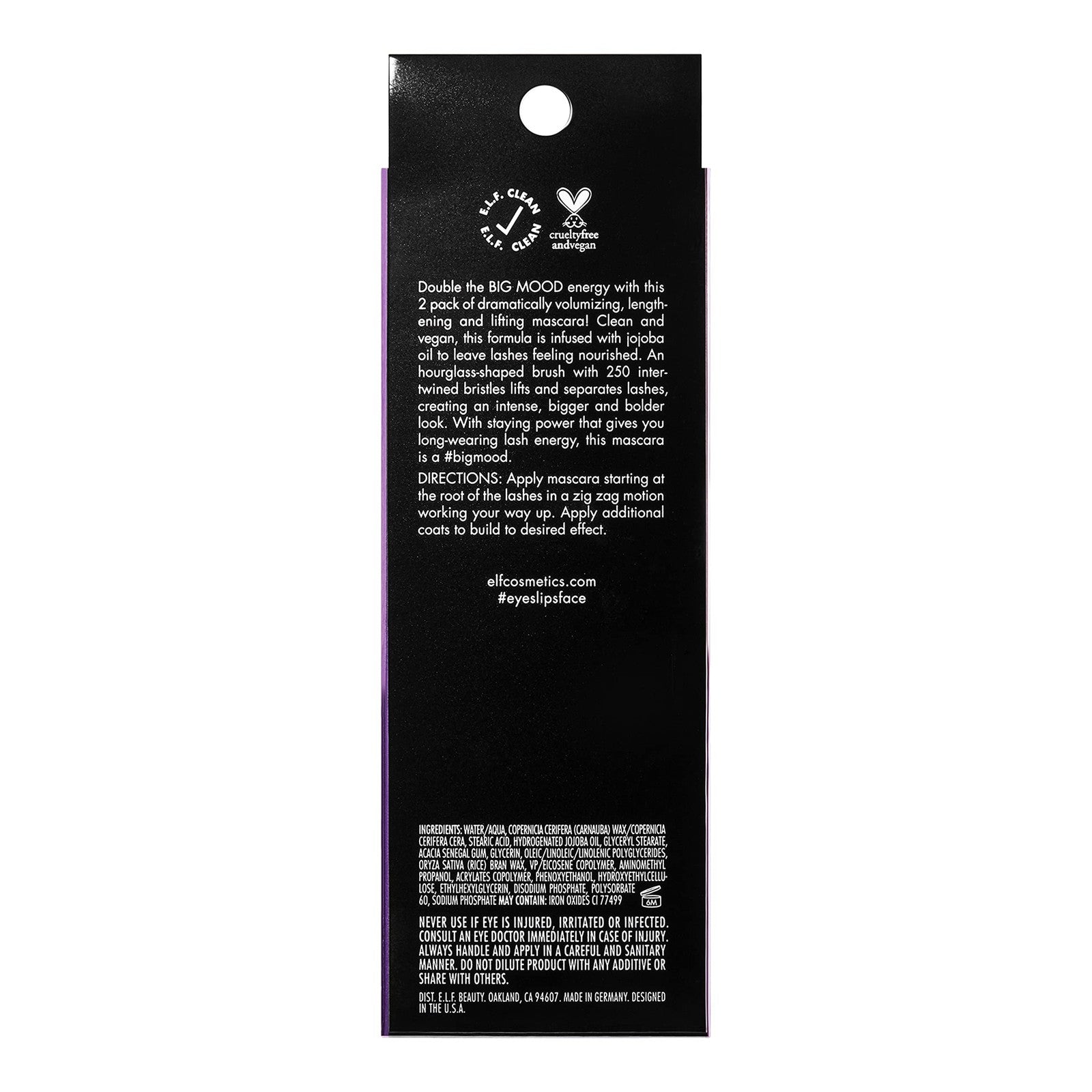2 e.l.f.  Big Mood Mega Volume & Lifting Mascara Black 0.36oz Hourglass Brush