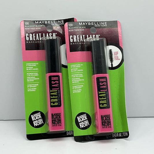 Maybelline Great Lash Mascara -  100 Blackest Black- Lot Of 2