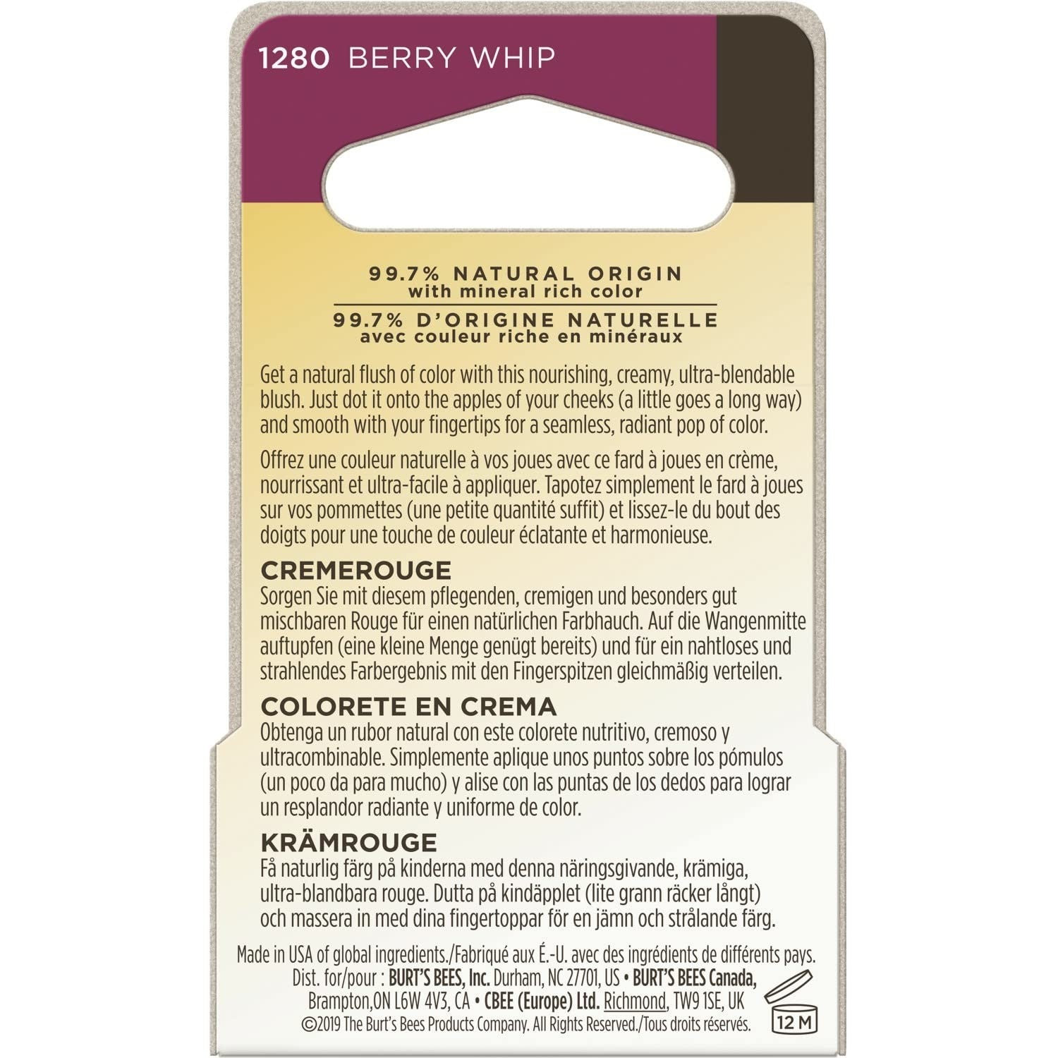Burts Bees Color Nurture Cream Blush # 1280 Berry Whip .25 oz NEW