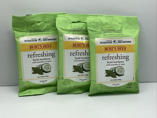 Burt's Bees Refreshing Cucumber Mint Facial Towelettes (10 Wipes) - Set Of 3