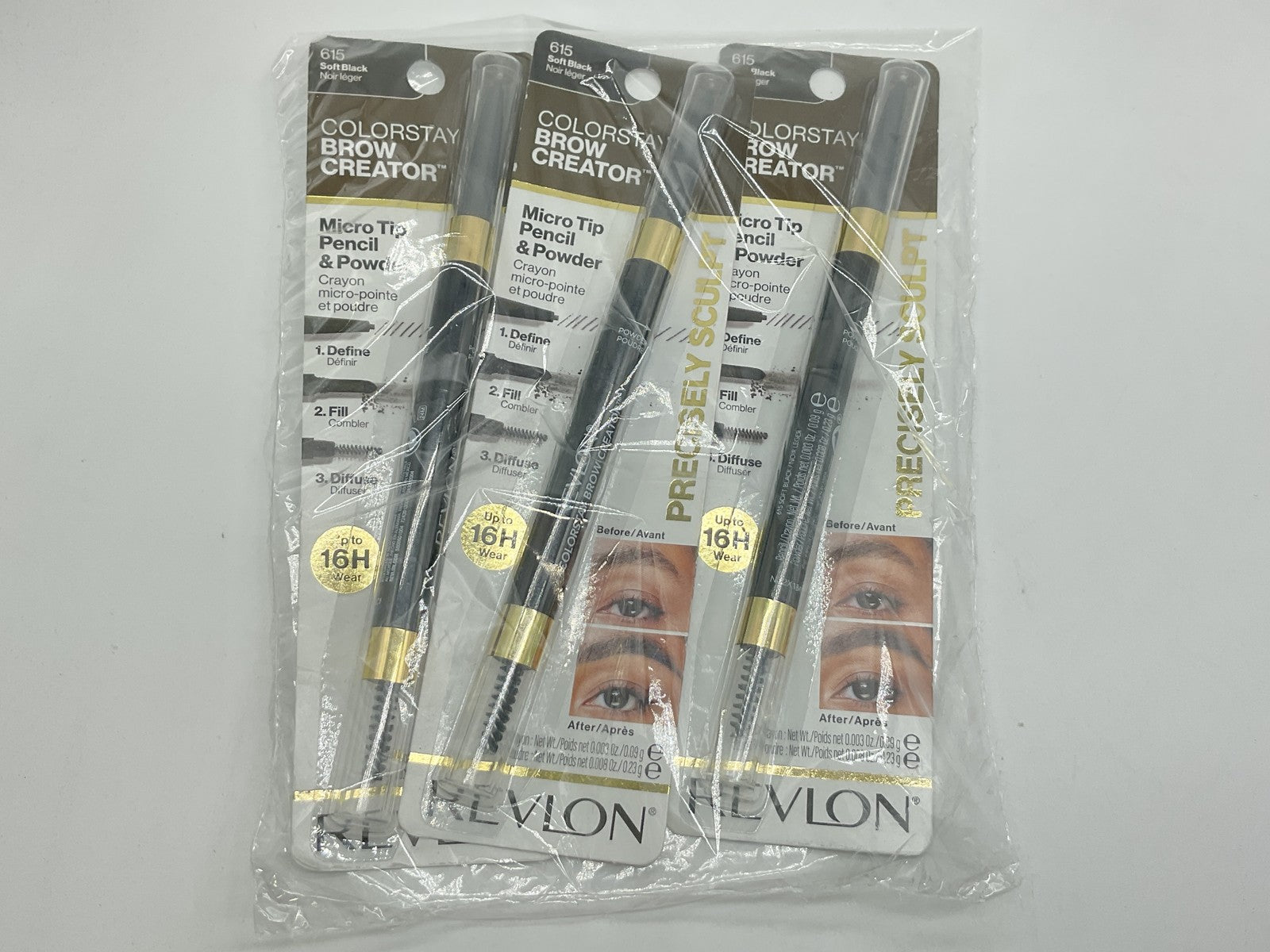 3 PACK-Revlon Colorstay Brow Creator Micro Pencil Powder & Brush, 615 Soft Black