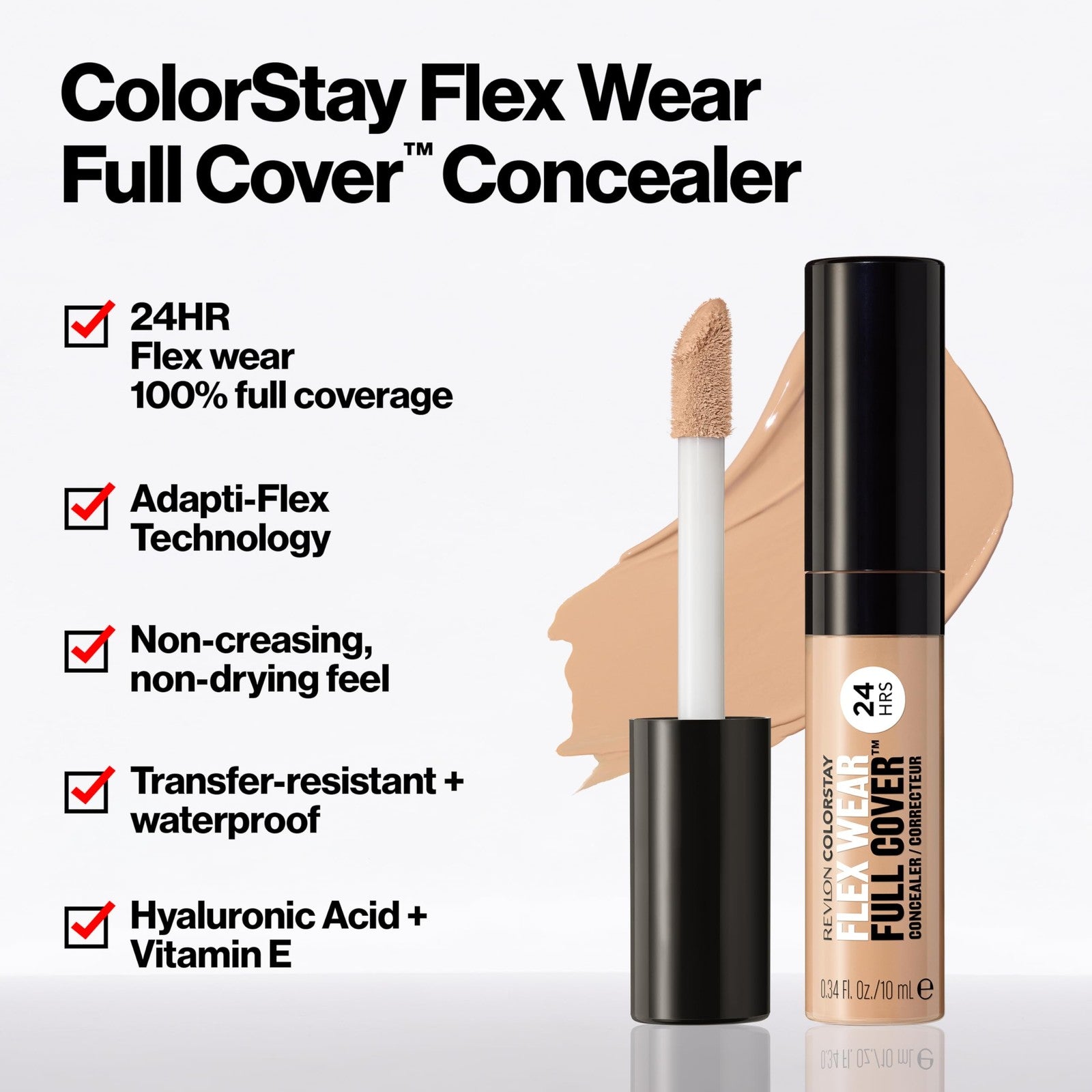 Revlon ColorStay Flex Wear, Full Cover Non-Creasing Concealer, Infused with Hyal
