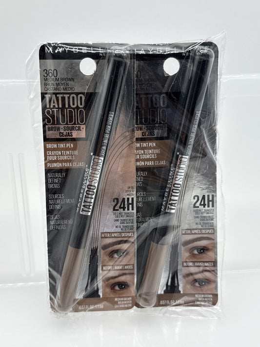 Maybelline TattooStudio Eyebrow Tint Pen, Medium Brown 360, 0.037 fl oz, 2 pack