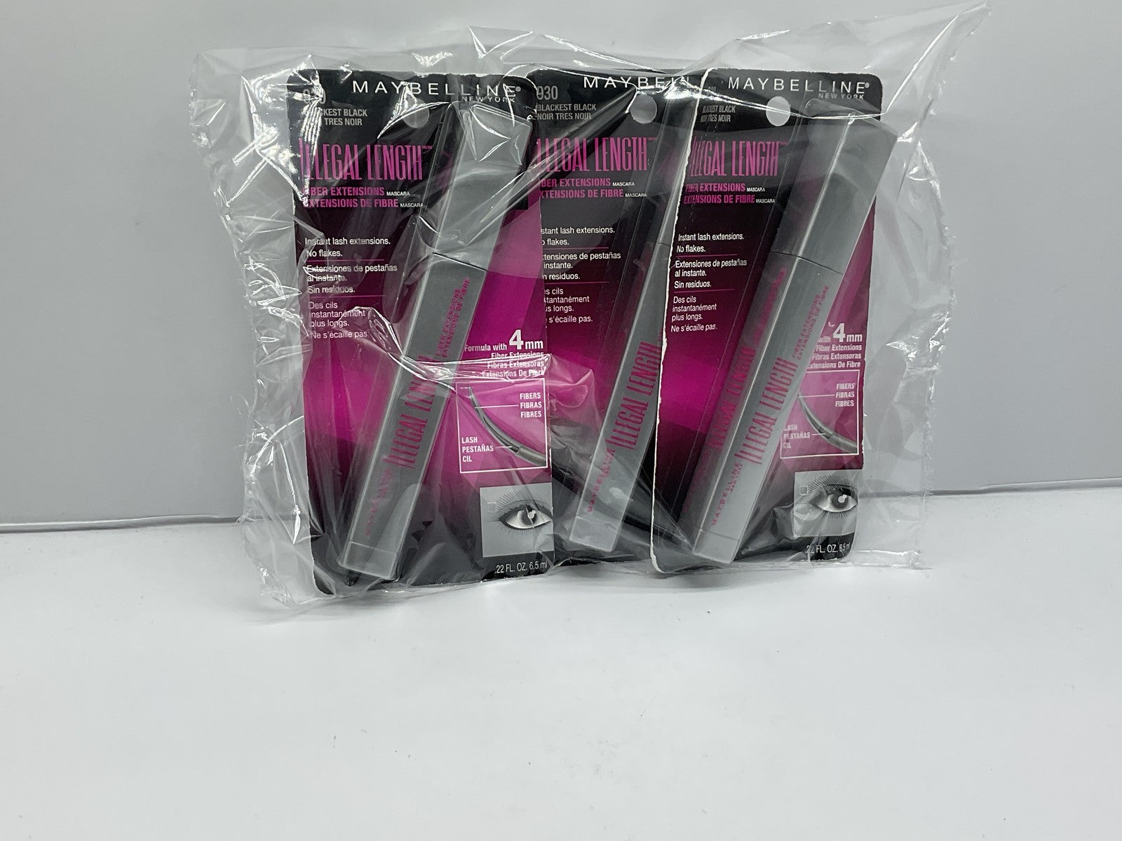 3 Pack Maybelline Illegal Length Fiber Washable 930 Blackest Black Mascara