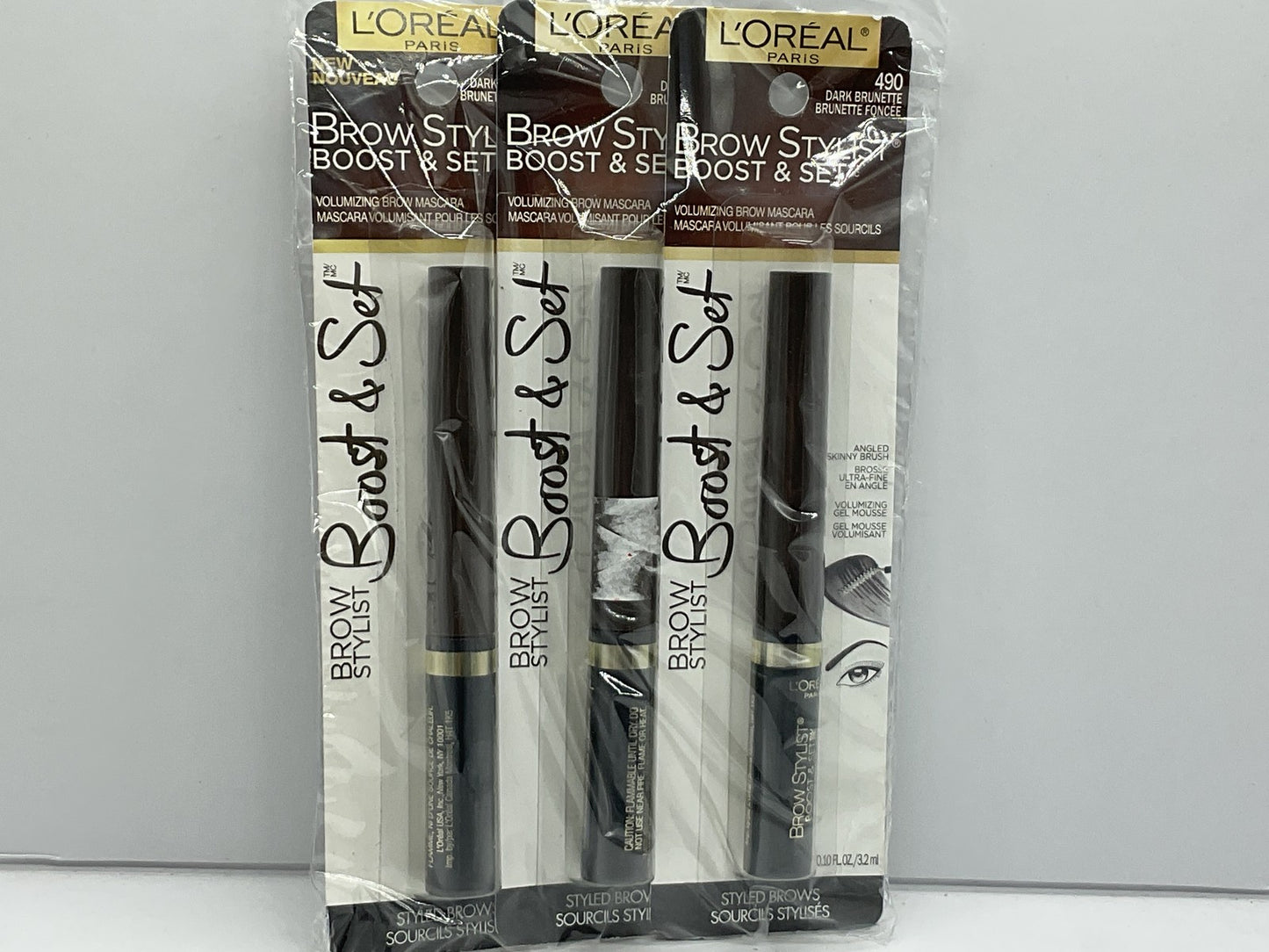 3 PACK - L'oreal  Brow Stylist Boost & Set Volumizing Brow - 490 Dark Brunette