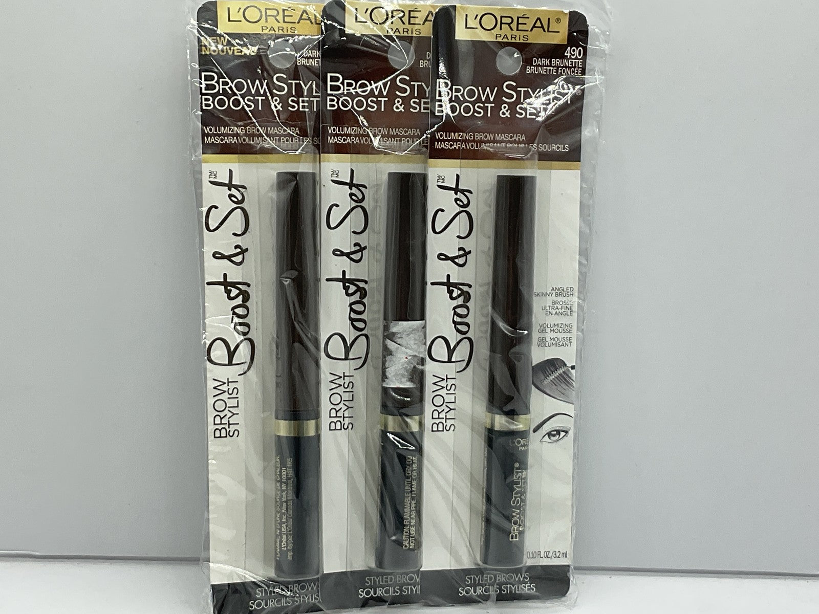 3 PACK - L'oreal  Brow Stylist Boost & Set Volumizing Brow - 490 Dark Brunette