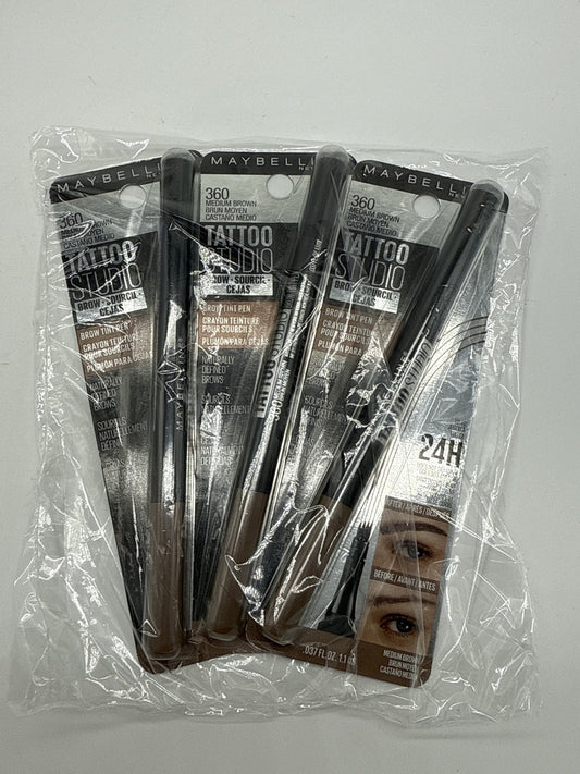 Maybelline TattooStudio Eyebrow Tint Pen, Medium Brown 360, 0.037 fl oz, 3 pack