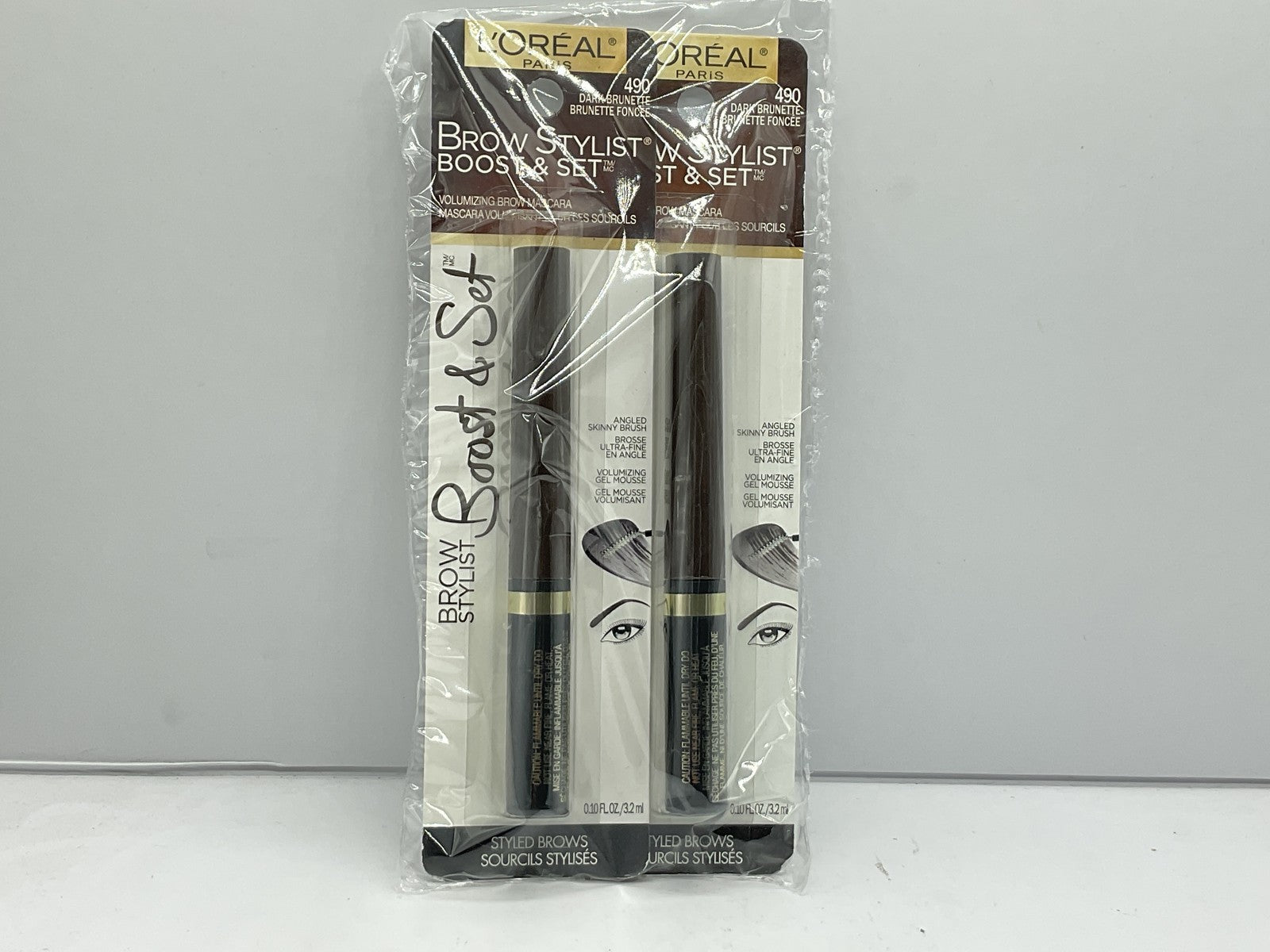 2 PACK - Loreal Brow Stylist Boost & Set Volumizing Mascara - 490 Dark Brunette