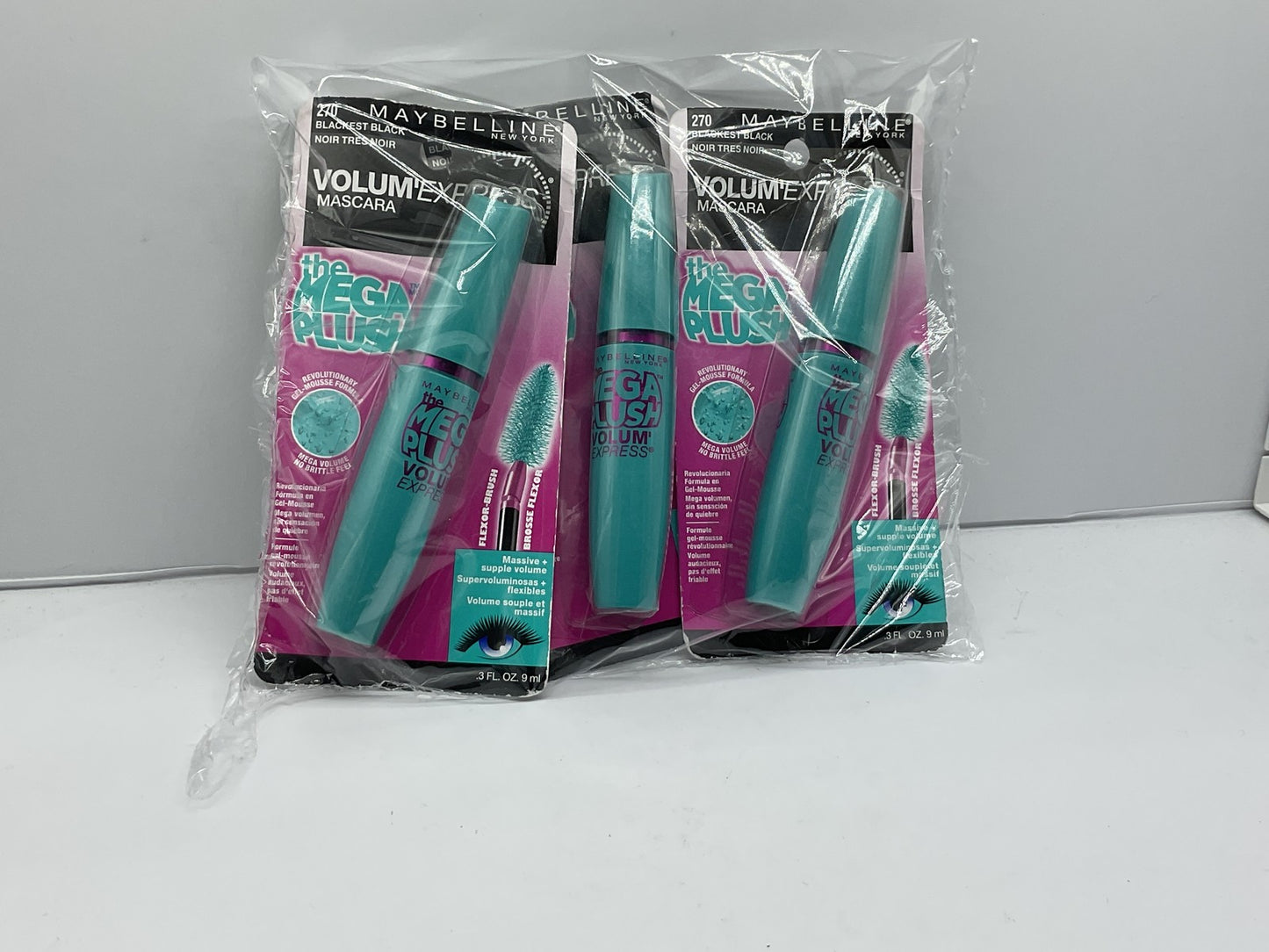 3 Pack Maybelline Volum' Express The Mega Plush Washable Blackest Black