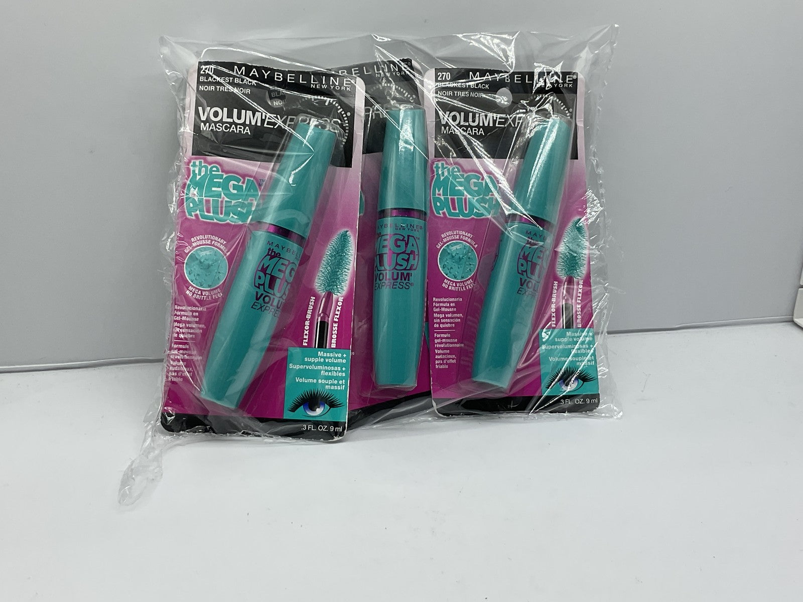 3 Pack Maybelline Volum' Express The Mega Plush Washable Blackest Black